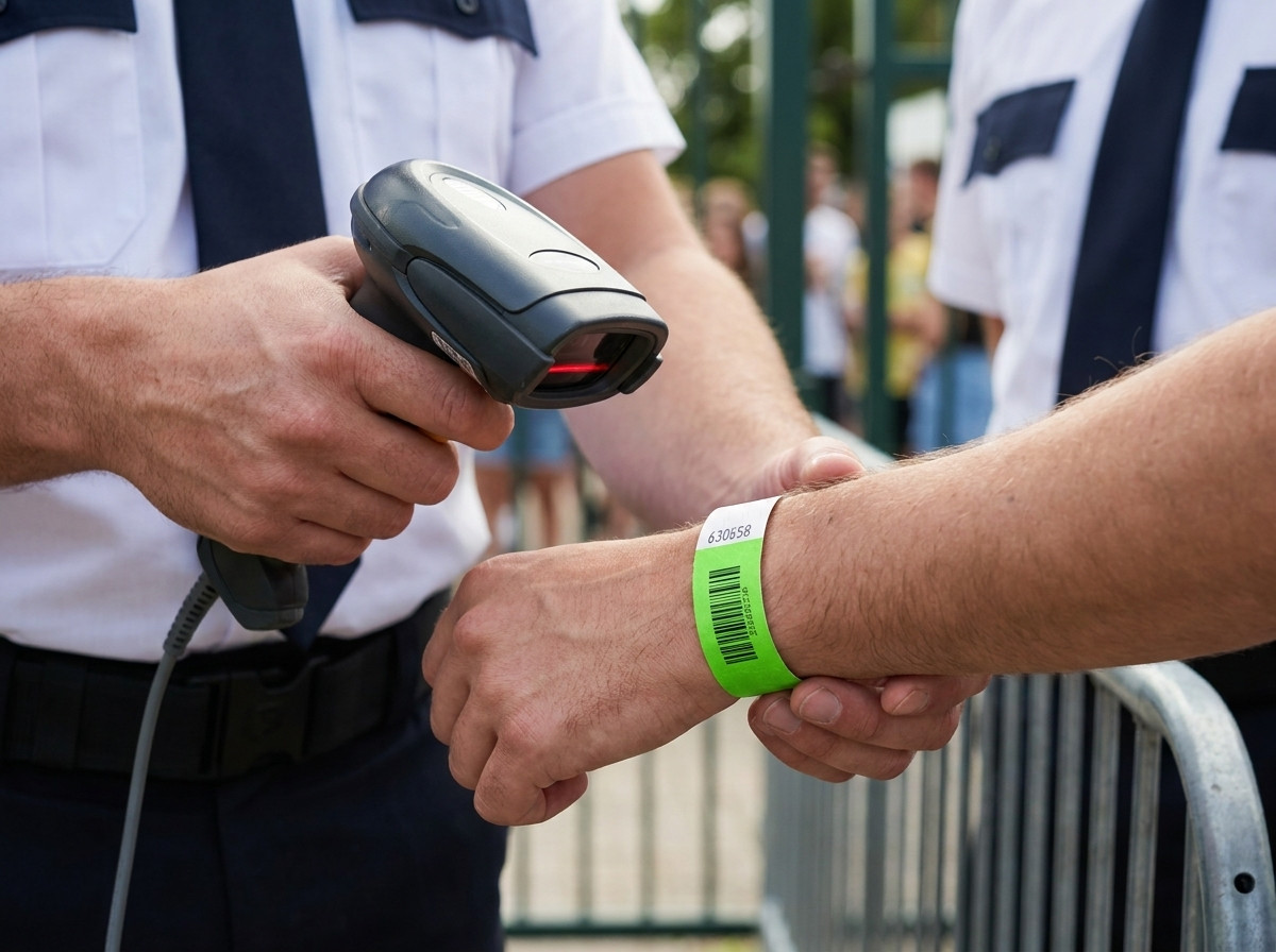 Πράκτορας ασφαλείας που σαρώνει το barcode βραχιολιού Tyvek στο σημείο ελέγχου πρόσβασης υπαίθριου φεστιβάλ, κρατώντας φορητό σαρωτή laser