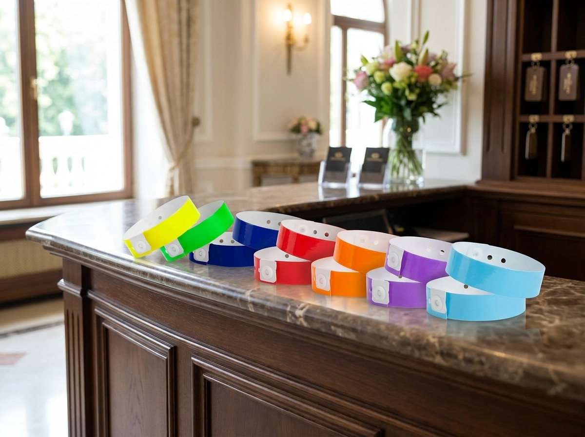 Χρωματιστά all-inclusive wristbands τοποθετημένα στον πάγκο υποδοχής ενός ξενοδοχείου, με κάθε χρώμα να αντιπροσωπεύει διαφορετικό πακέτο διαμονής