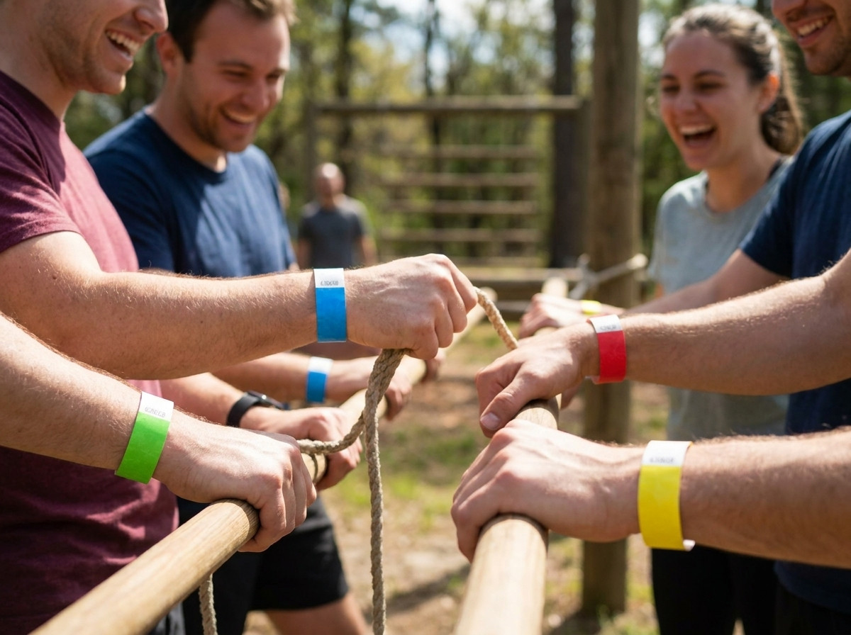 Έγχρωμα βραχιολάκια team building που φορούν οι συμμετέχοντες κατά τη διάρκεια υπαίθριας δραστηριότητας, με κάθε χρώμα να αντιπροσωπεύει διαφορετική ομάδα